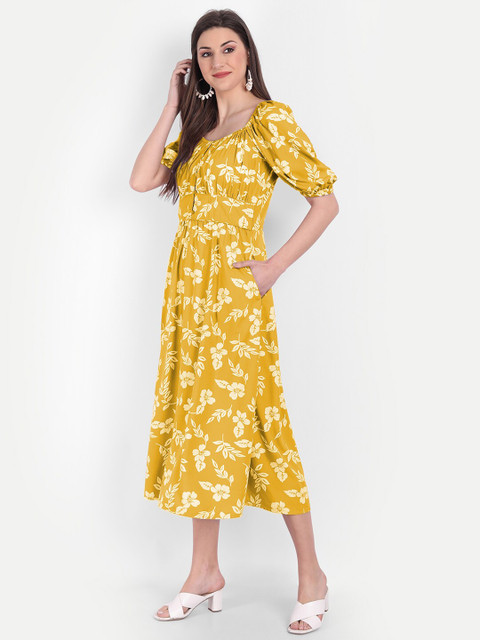 

MINGLAY Yellow Floral A-Line Dress