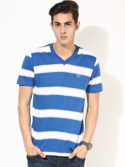 

Aeropostale Men Blue & White Striped V-Neck T-shirt