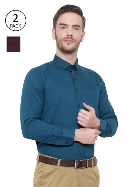 

Srey trends Men Brown & Teal Blue Set of 2 Solid Cotton Comfort Formal Shirt