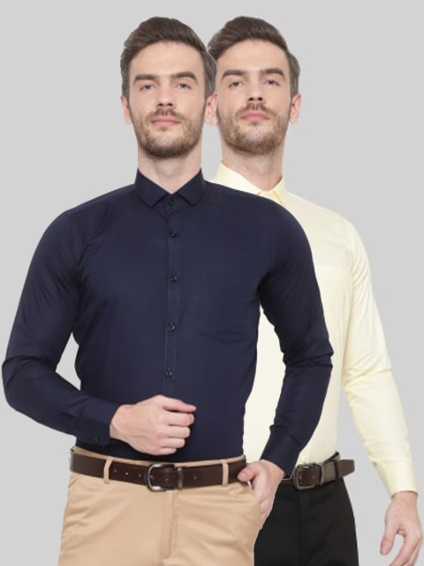

Srey trends Men Navy Blue & Cream Set of 2 Solid Cotton Comfort Formal Shirt