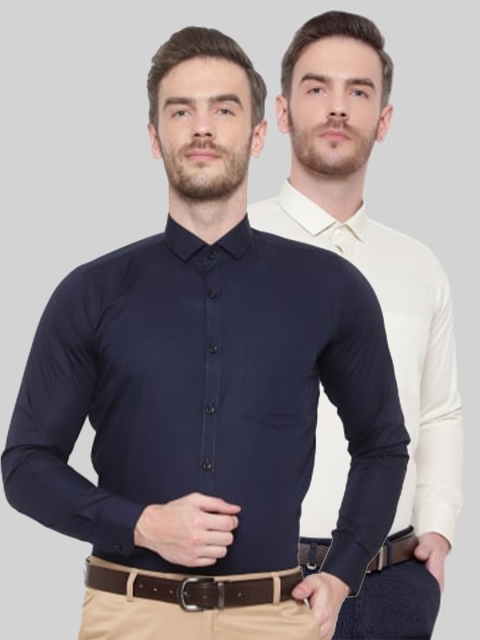 

Srey trends Men Navy Blue and Cream Pack of 2 Comfort Pure Cotton Formal Shirt