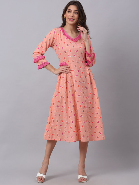 

KALINI Women Peach-Coloured & Pink Geometric Embroidered Flared Sleeves Lace Frills Bows and Ruffles Kurta