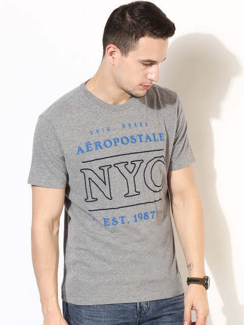 

Aeropostale Men Grey Melange Self-Design Round Neck T-shirt