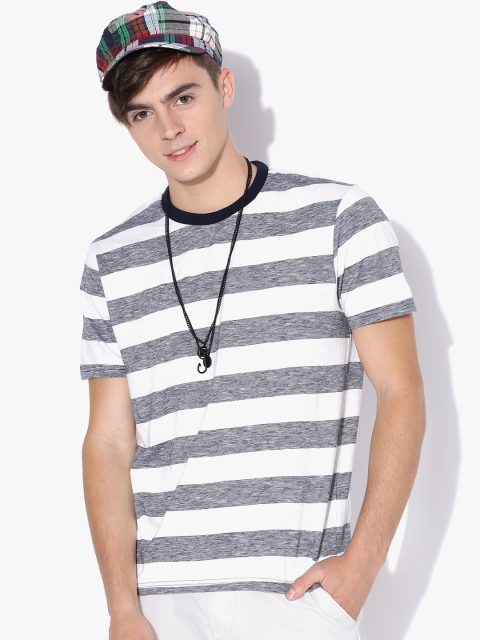 

Aeropostale Men Navy White Striped Round Neck Pure Cotton T-shirt, Navy blue