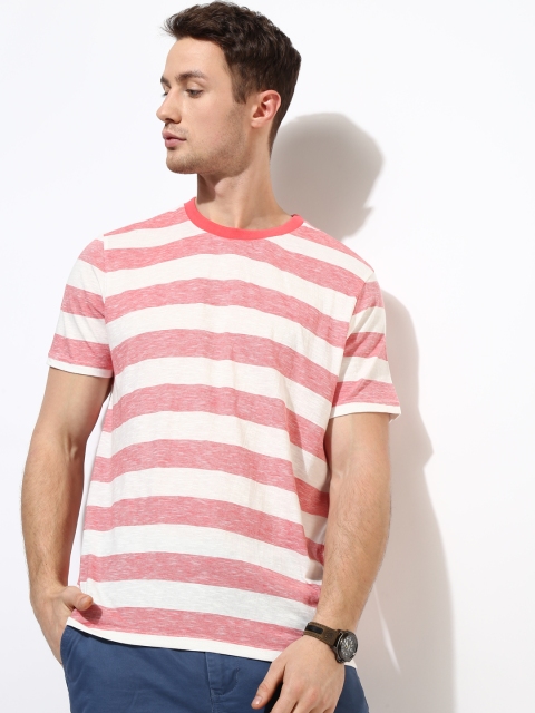 

Aeropostale Men Coral Orange Striped Round Neck T-shirt