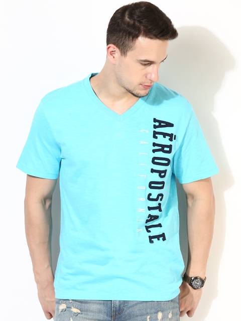 

Aeropostale Men Sea Green Printed V-Neck T-shirt