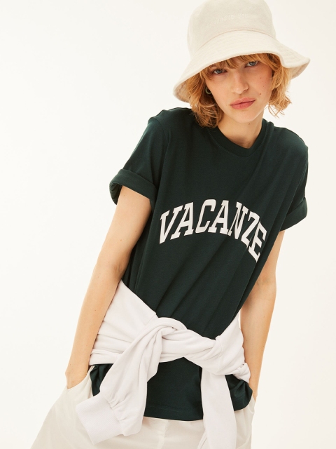 

H&M Women Green Print-Motif Cotton T-shirt