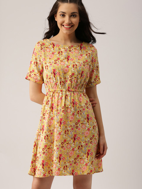 

DressBerry Women Yellow Printed Fit & Flare Dress