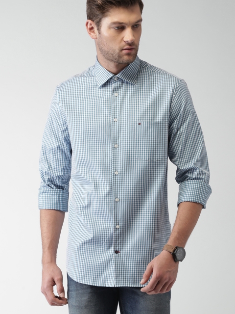 

Tommy Hilfiger Men Teal Blue & White Tailored Fit Checked Formal Shirt