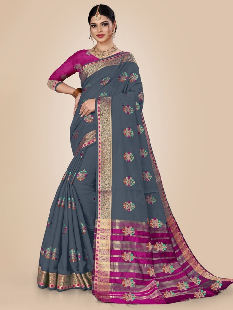 

Rivana Grey & Pink Woven Design Zari Pure Cotton Chanderi Saree