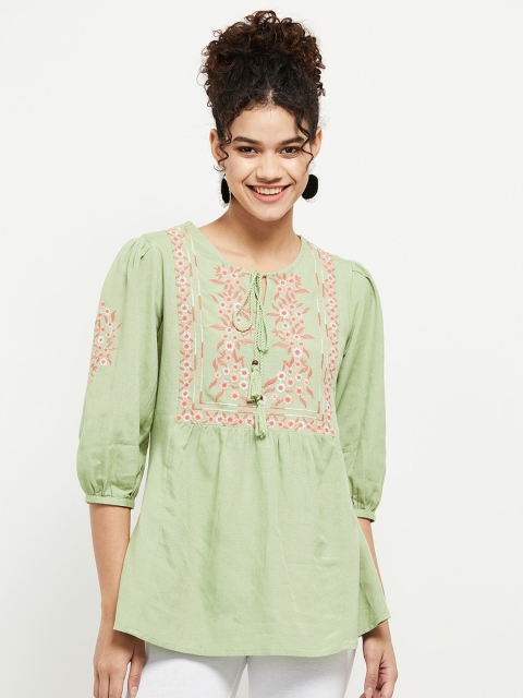

max Women Green & Pink Floral Embroidered Pure Cotton Kurti