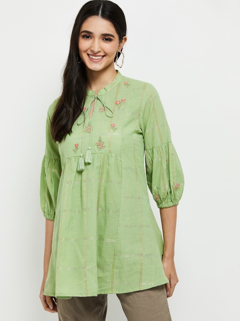 

max Green & Pink Shirt Collar Embroidered Tunic