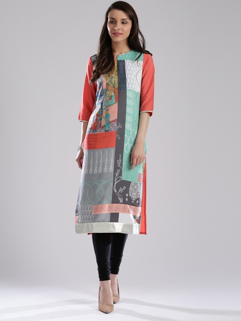 

W Women Coral Pink & Grey Printed Straight Kurta
