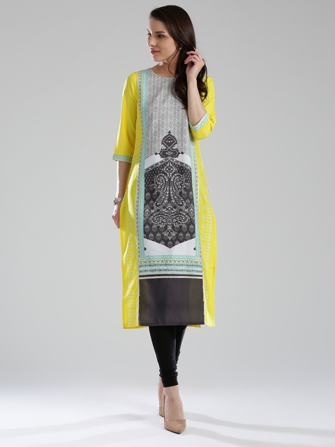 

W Women Yellow & Off-White Printed Straight Kurta