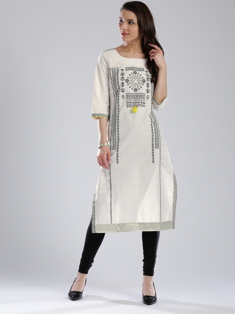 

W Women Off-White & Black Printed Straight Kurta