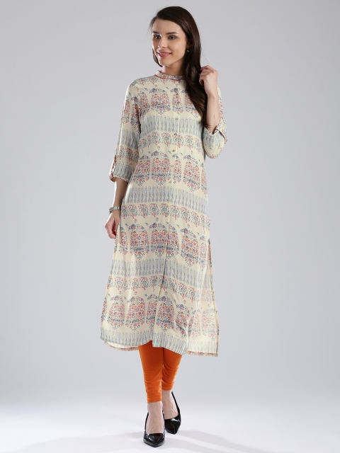 

W Women Off-White & Blue Printed Straight Kurta