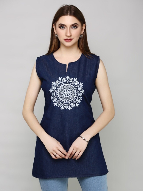 

HAVVA FASHION Navy Blue Print Denim Top