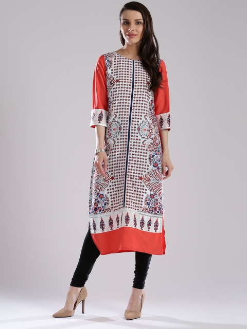 

W Women White & Coral Pink Printed Straight Kurta