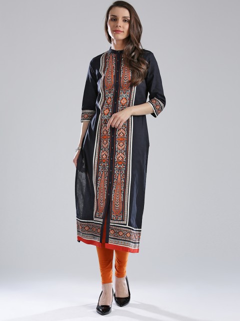 

W Women Navy Patterned Straight Kurta, Navy blue