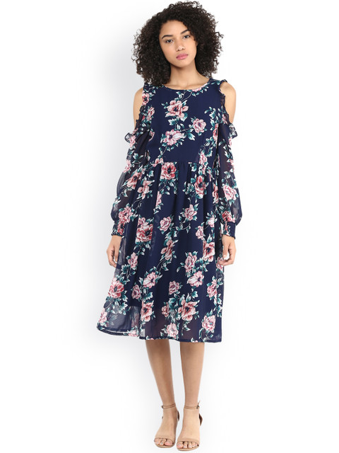 

Harpa Women Navy Floral Printed A-Line Dress, Navy blue