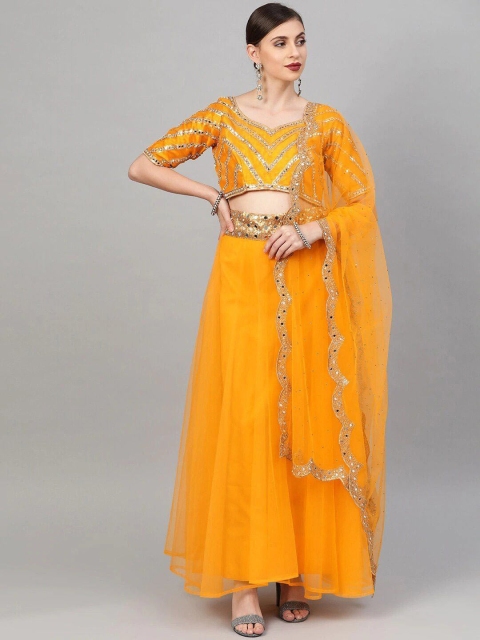 

DRESSTIVE Mustard Embroidered Semi-Stitched Lehenga & Unstitched Blouse With Dupatta