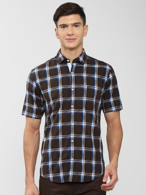 

Peter England Casuals Men Brown & Blue Slim Fit Checked Pure Cotton Casual Shirt