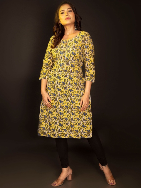 

Unnati Silks Women Yellow Floral Printed Mirror Work Floral Handloom Kurta