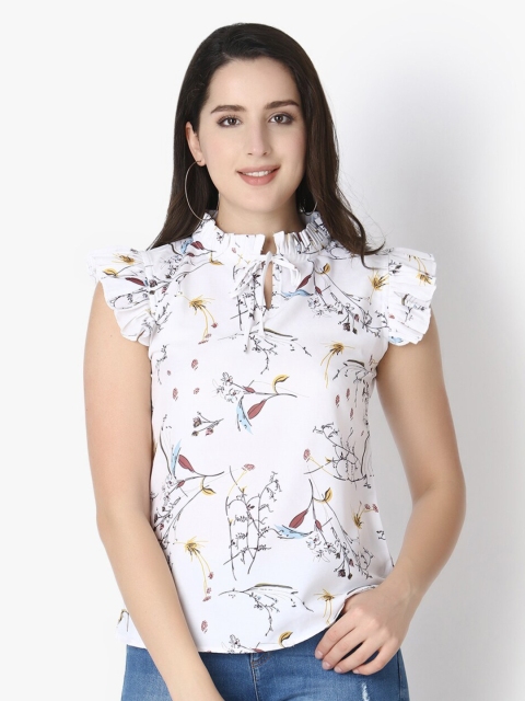 

GRECIILOOKS White Floral Print Shirt Style Top