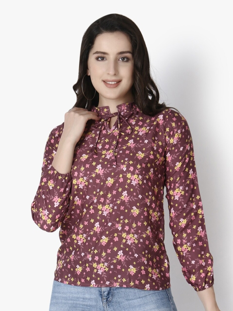 

GRECIILOOKS Maroon Floral Print Tie-Up Neck Top