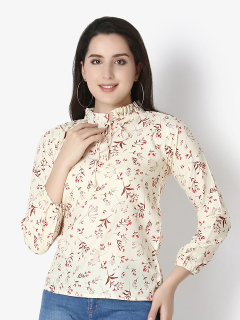 

GRECIILOOKS Yellow Floral Print Mandarin Collar Top
