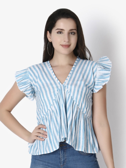 

GRECIILOOKS Turquoise Blue Striped Mandarin Collar Shirt Style Top