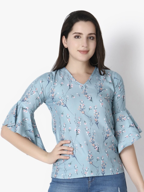 

GRECIILOOKS Blue Floral Print Mandarin Collar Shirt Style Top