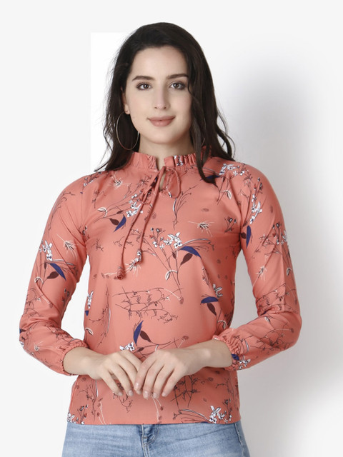 

GRECIILOOKS Orange Print Tie-Up Neck Top
