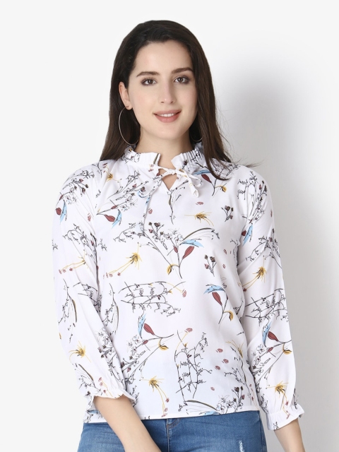 

GRECIILOOKS White Floral Print Tie-Up Neck Shirt Style Top