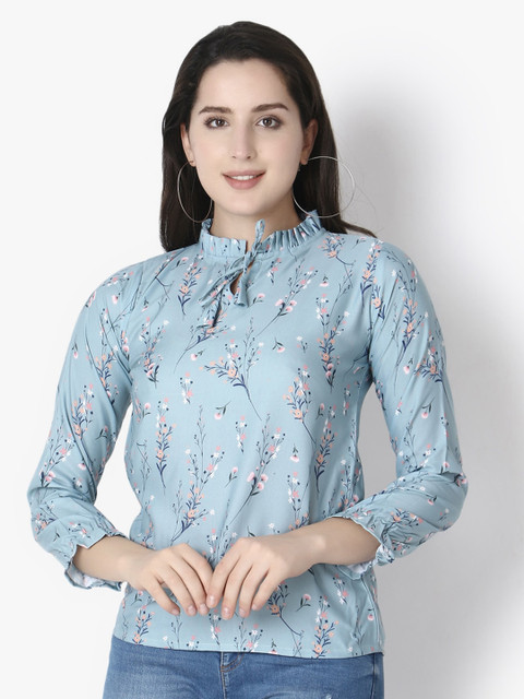 

GRECIILOOKS Blue Floral Print Tie-Up Neck Top