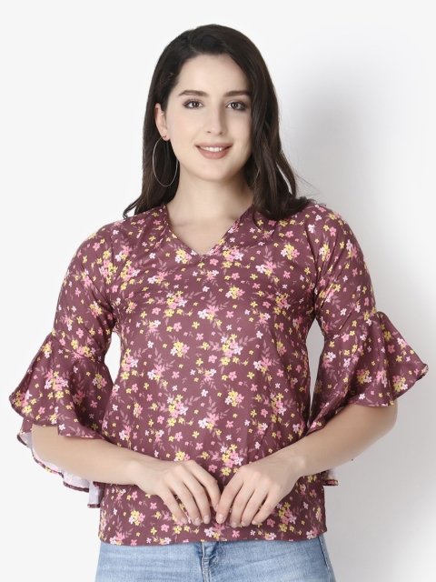 

GRECIILOOKS Maroon Floral Print Wrap Top