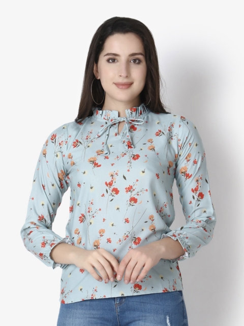 

GRECIILOOKS Grey Floral Print Tie-Up Neck Top