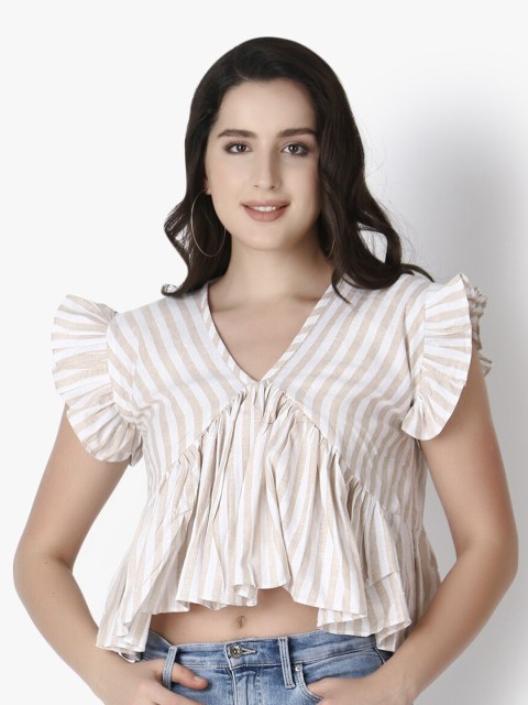 

GRECIILOOKS Beige Striped Tie-Up Neck Crop Top