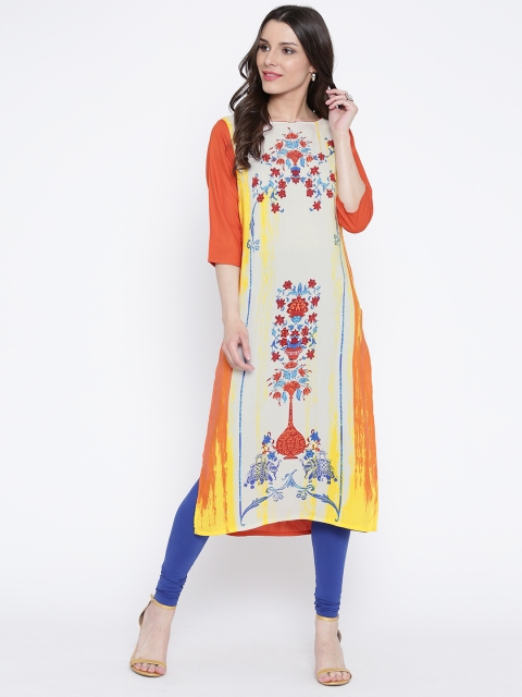 

AURELIA Women Off-White & Orange Printed Straight Kurta