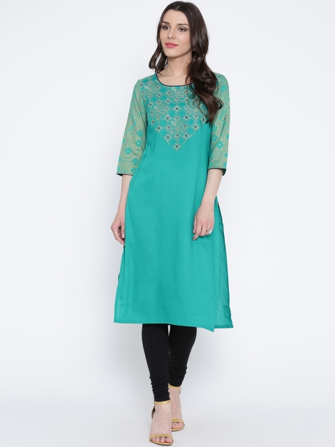 

AURELIA Women Green Woven Design Straight Kurta