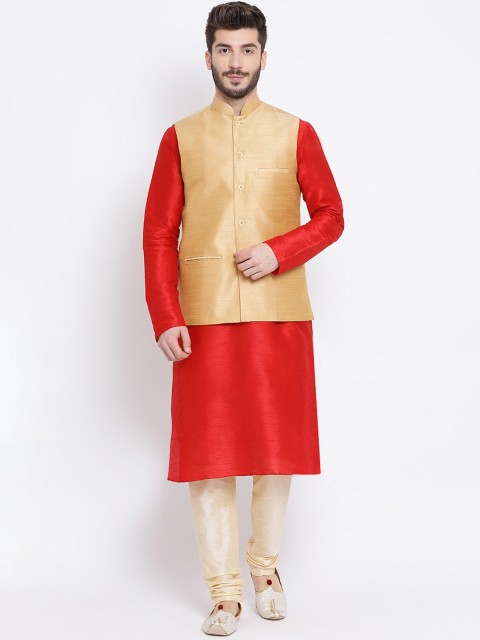 

NAMASKAR Men Red Dupion Silk Kurta with Churidar and Nehru Jacket