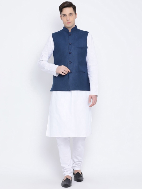 

NAMASKAR Men White Layered Pure Cotton Kurta with Churidar & Nehru Jacket