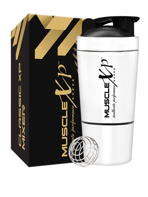 

MUSCLEXP White Gym Shaker Classic XP Mixer Stainless Steel Shaker Blender Storage
