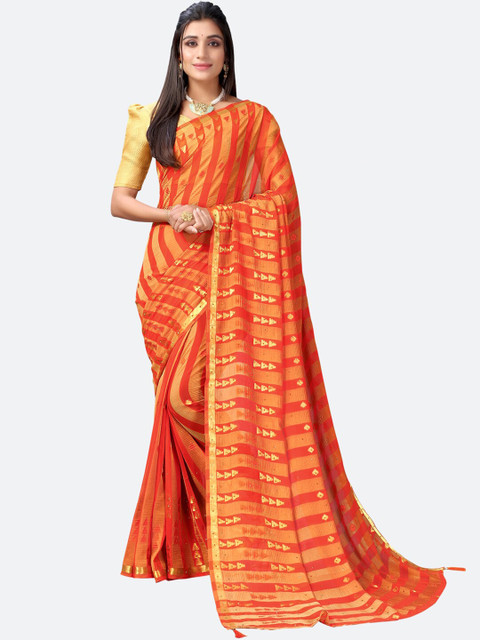 

Satrani Orange & Gold-Toned Striped Chiffon Zari Saree