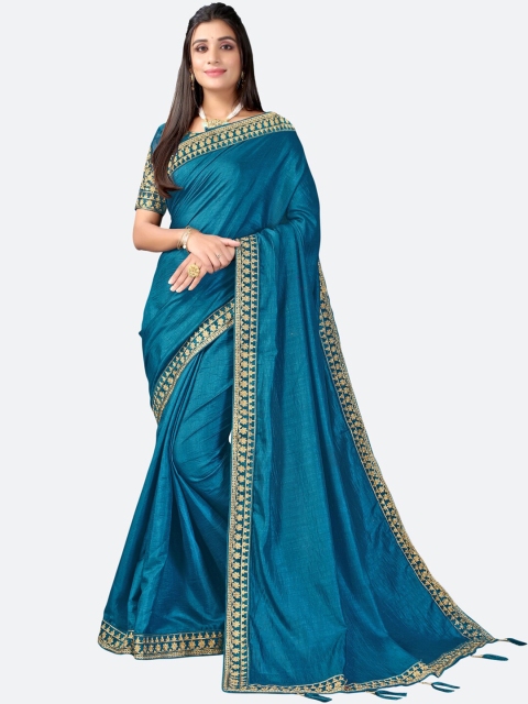 

Satrani Blue & Gold-Toned Poly Silk Embroidered Zari Saree