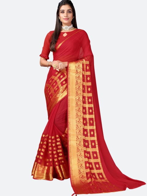 

Satrani Red & Gold-Toned Woven Design Zari Saree