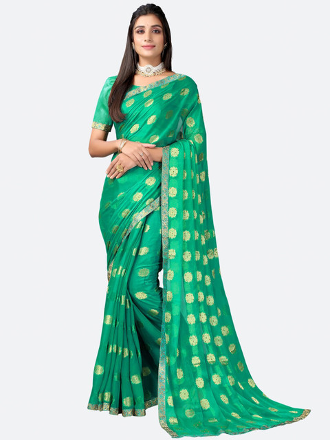

Satrani Green & Gold-Toned Floral Zari Saree