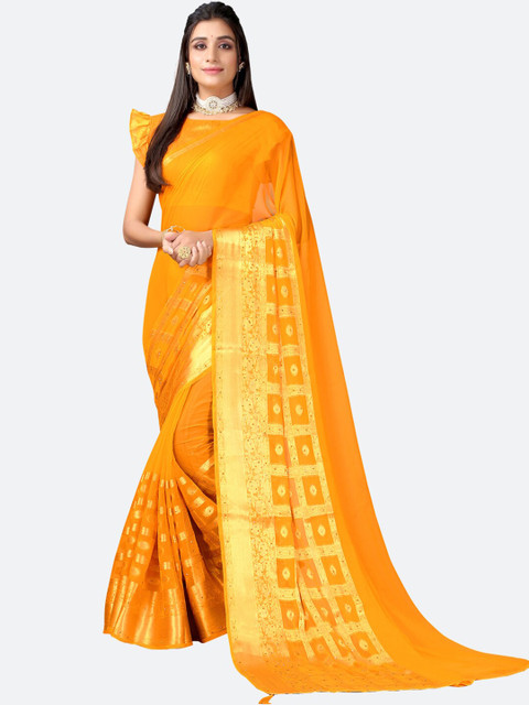 

Satrani Yellow & Gold-Toned Floral Zari Saree