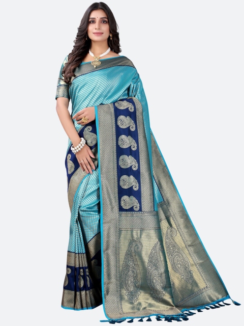 

Satrani Blue & Gold-Toned Paisley Zari Silk Blend Saree