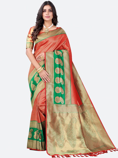 

Satrani Red & Green Floral Zari Silk Blend Saree